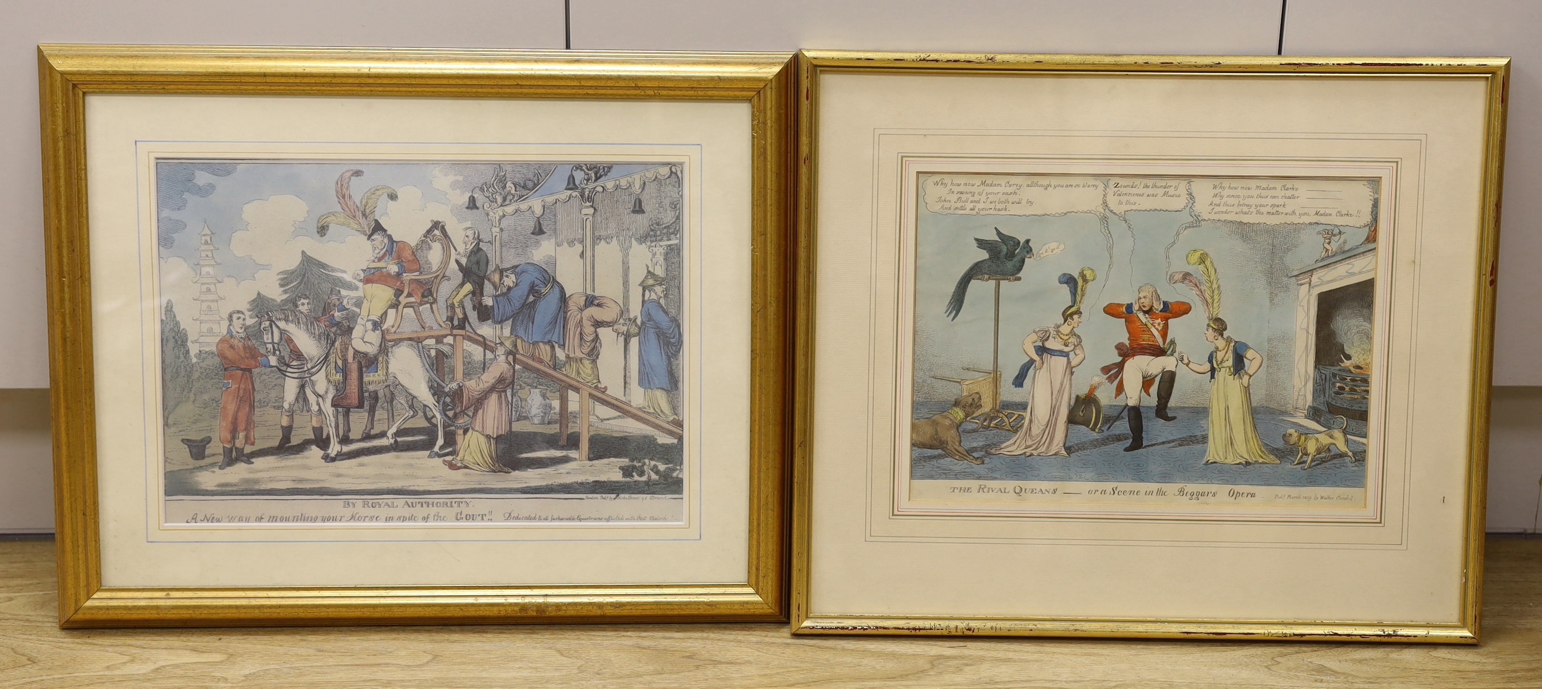 Walker, 1809, coloured engraving, Caricature 'The Rival Queans or a scene in the Beggars Opera', 23 x 32cm and a reprint 'By Royal Authority', 26 x 36cm